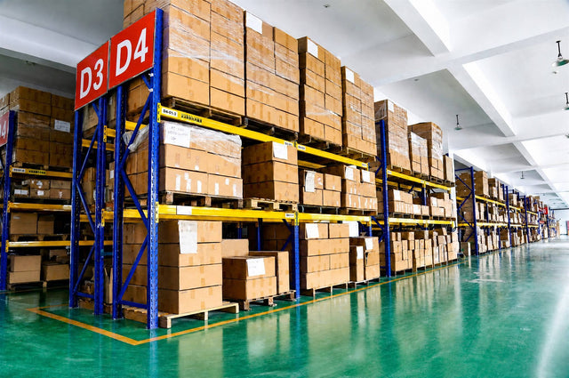 Boxed bicycles on warehouse shelving