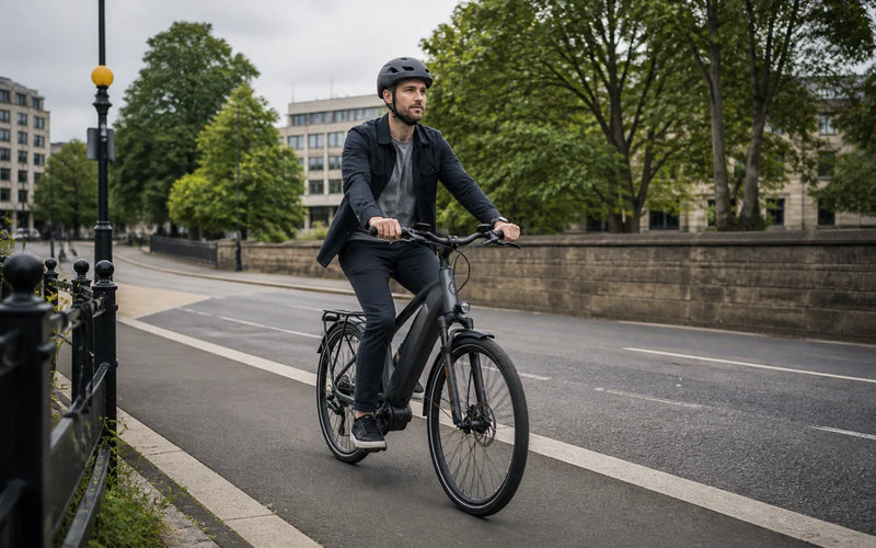 Electric bike rider on a UK urban cycle route