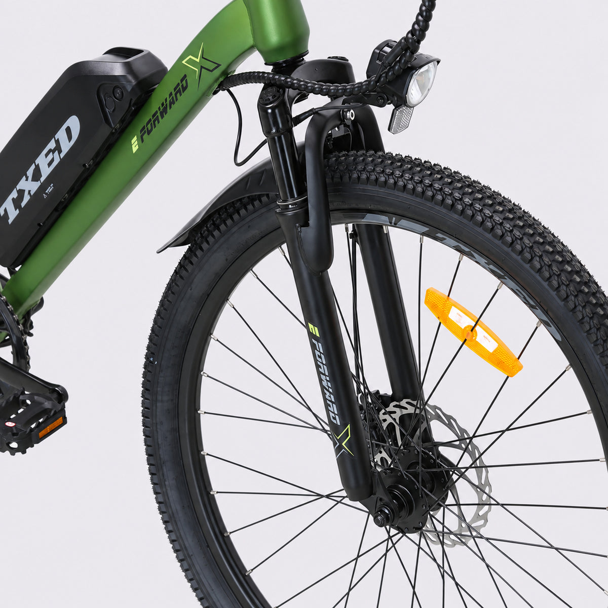 Green TXED Trail electric bike - front fork