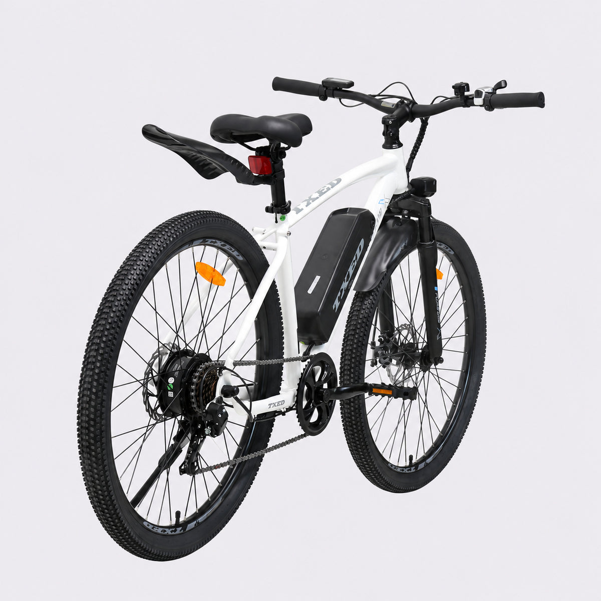 White TXED Trail electric bike - rear three-quarter view